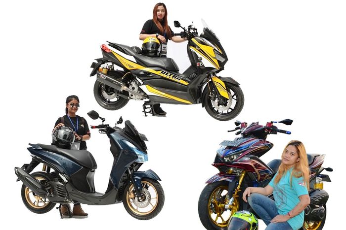 Ilustrasi keluarga Maxi Yamaha (NMAX, Aerox dan Lexi) versi modifikasi ala lady biker