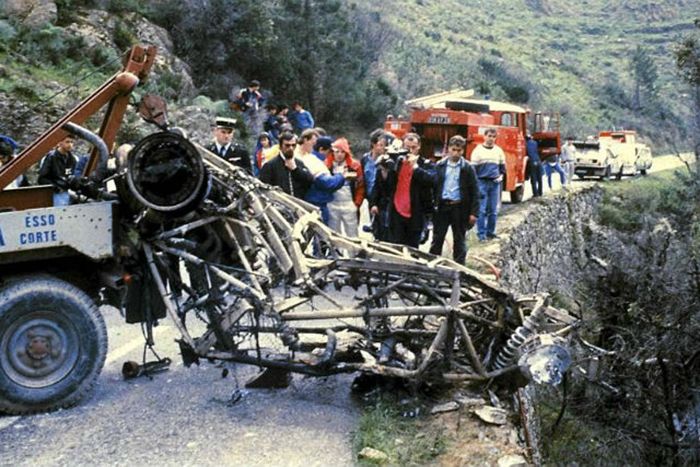 Lancia 037 yang terbakar hebat dan sisa rangka saja menghanguskan Henri Toivonen dan Sergio Cresto