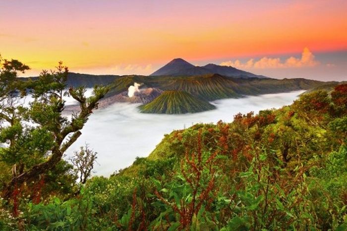 Panorama Bromo dilihat dari Pananjakan. Gunung api di Jawa Timur ini berstatus 