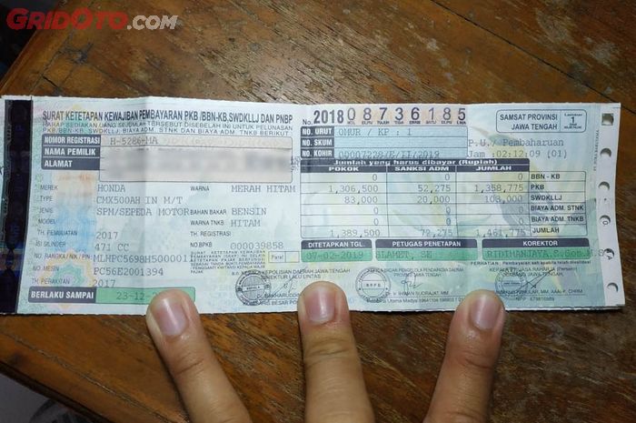 Ilustrasi lembar pajak STNK Honda Rebel 500