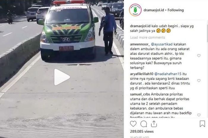 Ambulans terekam video masuk jalur bus transjakarta dan melawan arah. (INSTAGRAM/ dramaojol.id)