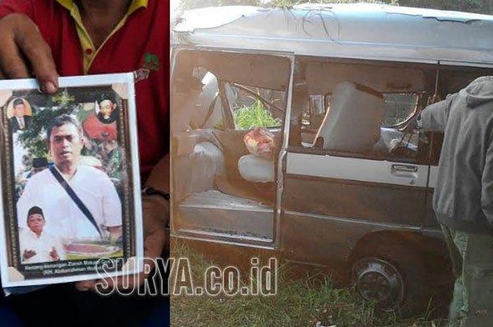Mambahul Fadil semasa hidup (kiri) dan kondisi mobil travel yang ditabrak KA Jayabaya di Beji, Kabupaten Pasuruan, Rabu (9/1/2019) dinihari. 