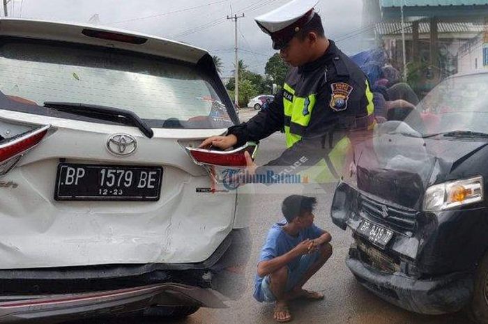 Toyota Avanza BP 1579 BE diseruduk pikap pengangkut ayam ketika berhenti mendadak menghindari kucing