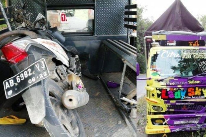 Motor dan truk yang terlibat aksi truk goyang di Dusun Patihan, Gadingsari, Sanden Bantul, Yogyakarta, Minggu, 20 Januari 2019 pukul 15.30 WIB. 