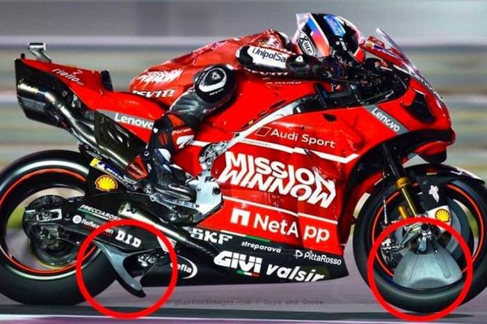Dua komponen yang terpasang di motor Ducati dan diduga ilegal.