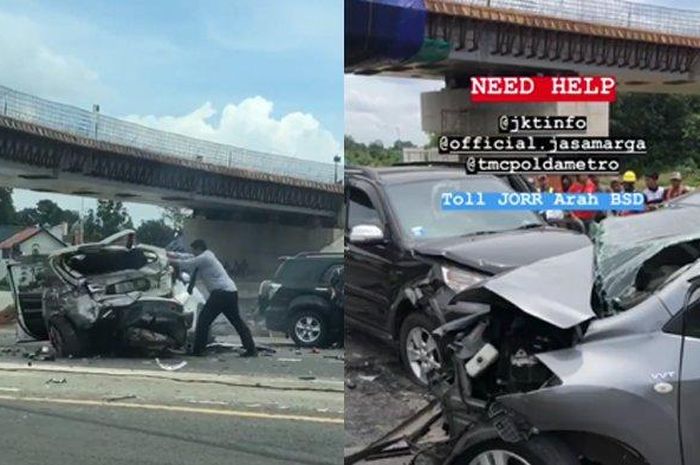 Kondisi mobil yang terlibat kecelakaan beruntun di Tol BSD arah Pondok Aren, Jumat (12/4/2019) siang tadi.