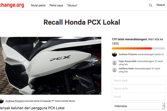 Petisi Recall Honda PCX Lokal