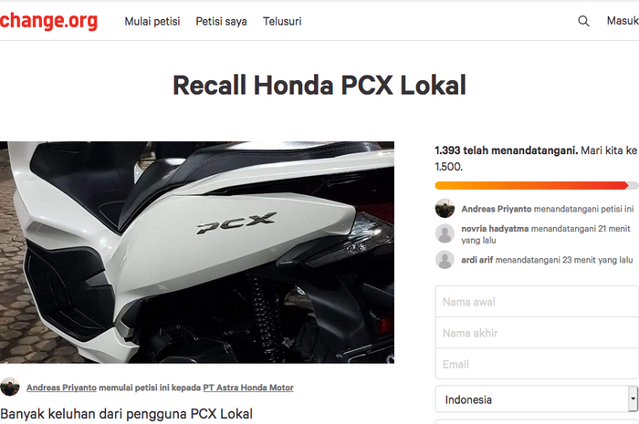 Petisi Recall Honda PCX Lokal