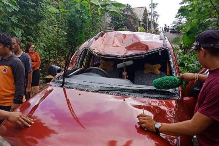 Daihatsu Taruna ringsek tertimpa pohon di Tabanan, Bali, (14/4)