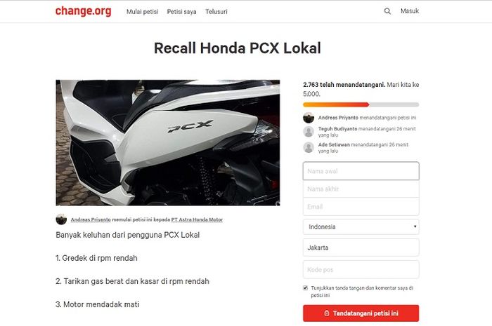 Petisi recall Honda PCX 150 lokal sudah ditandatangani hampir 3.000 orang.