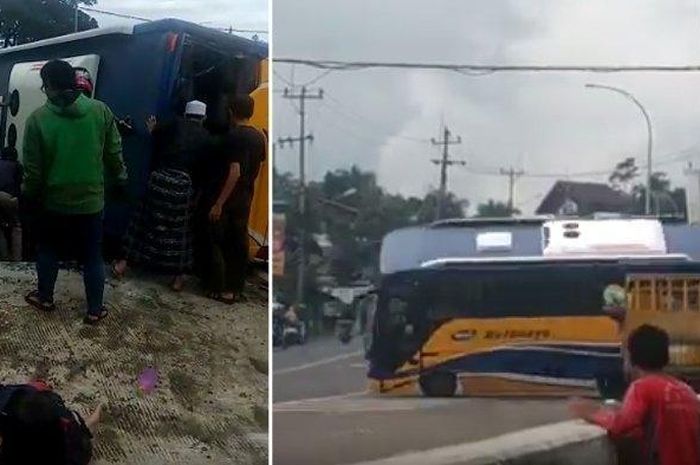 Bus terguling di Puncak Bogor hampir menyambar pemotor