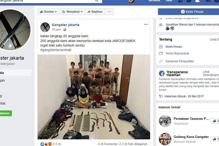Ancaman akun Facebook yang mengaku geng motor menantang anggota kepolisian