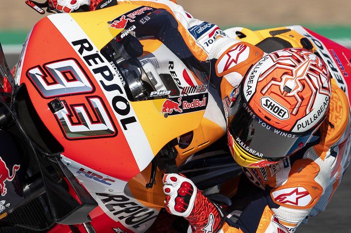 Aksi Marc Marquez (Repsol Honda) saat tampil pada sesi latihan bebas pertama MotoGP Italia 2019 pada Jumat (31/5/2019)