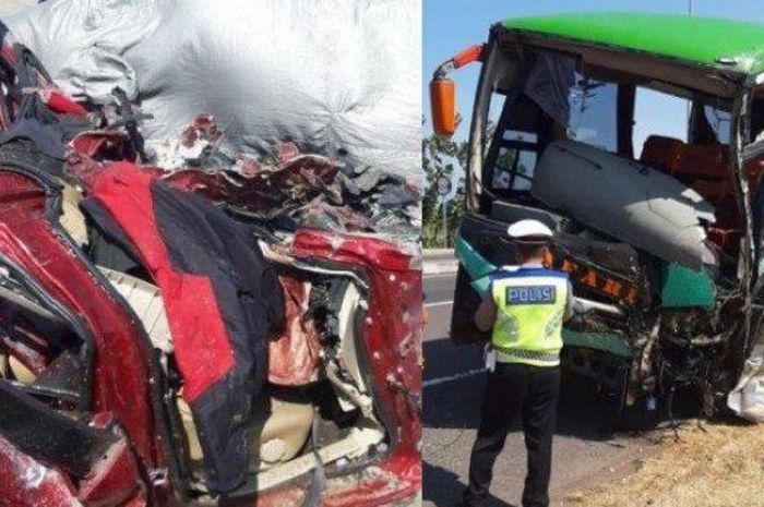Kondisi fisik bus Safari dan Mitsubishi Xpander yang terlibat kecelakaan di tol Cipali