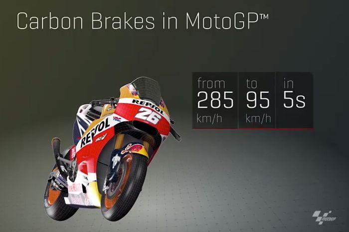 Untuk pengereman di motor MotoGP biasanya mengaplikasi piringan rem karbon