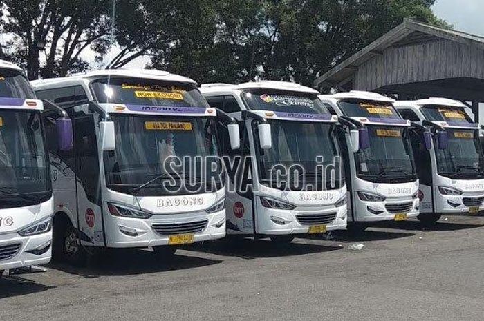 Sejumlah armada bus Bagong untuk trayek baru Blitar-Pare-Surabaya lewat jalan tol diparkir di Terminal Patria, Kota Blitar. 