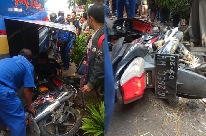 Supra X125 yang terseret bis Sumber Rahayu sedang di evakuasi, Selasa (9/7/2019).