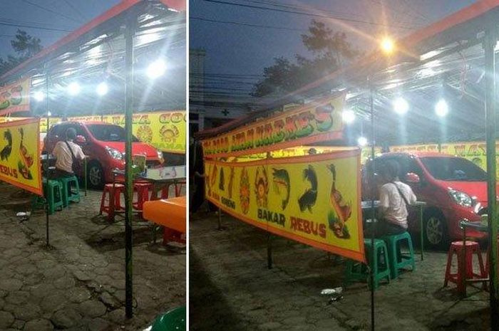 Daihatsu Ayla parkir dalam warung kaki lima