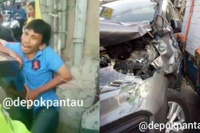 Suzuki Ertiga kedorong mundur truk tak kuat menanjak,  seorang pria ikut jadi korban, merintih kesakitan