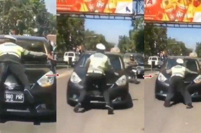 Polisi diseret Daihatsu Sirion hitam hingga nemplok di kap