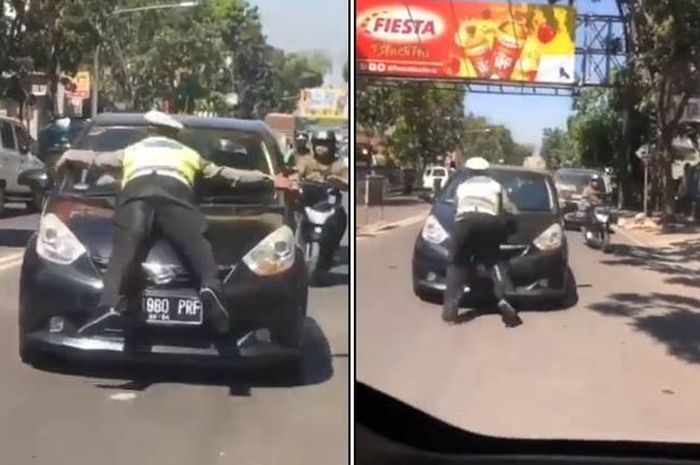 Polisi yang sengaja menempelkan badan ke kap mobil demi memberhentikan si sopir