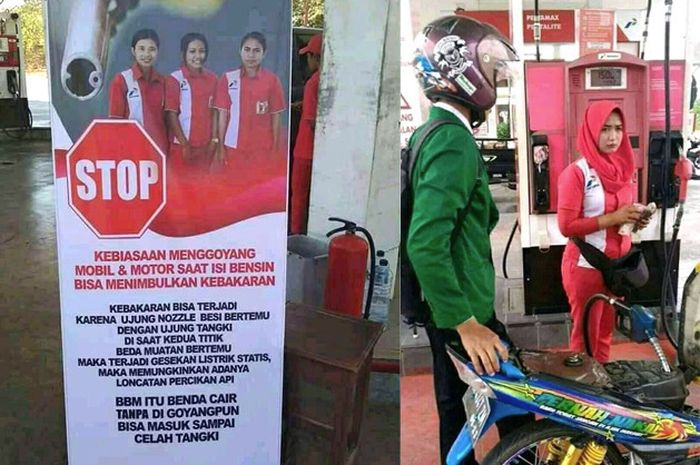 Standing banner yang melarang menggoyang ketika mengisi bensin atau BBM