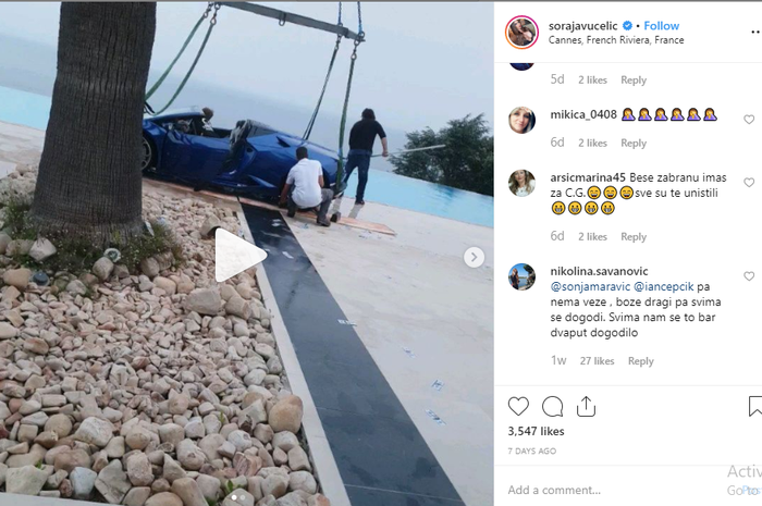 Screenshot dari Instagram @sorajavucelic yang memperlihatkan Lamborghini Huran miliknya tercebur kolam renang