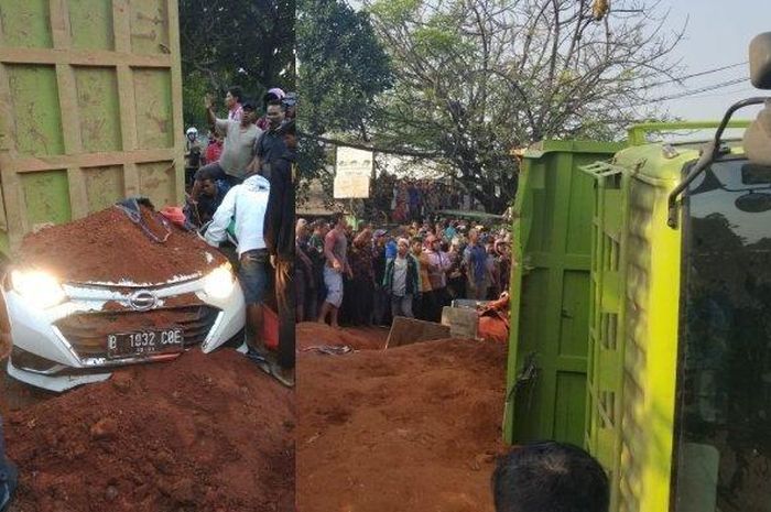 Daihatsu Sigra tertimpa truk tanah