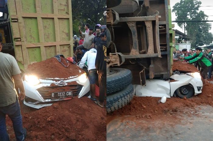 Truk bermuatan tanah menimpa mobil Sigra di Jalan Imam Bonjol, Tangerang.