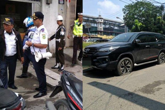 Dinas Perhubungan Gembosi Ban Toyota Fortuner yang Parkir Sembarangan  di Jalan Veteran.