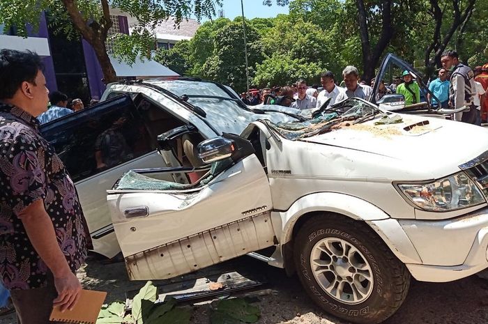 Isuzu Panther putih tertimpa pohon di halaman kampus Universitas Pancasila, Jakarta Selatan
