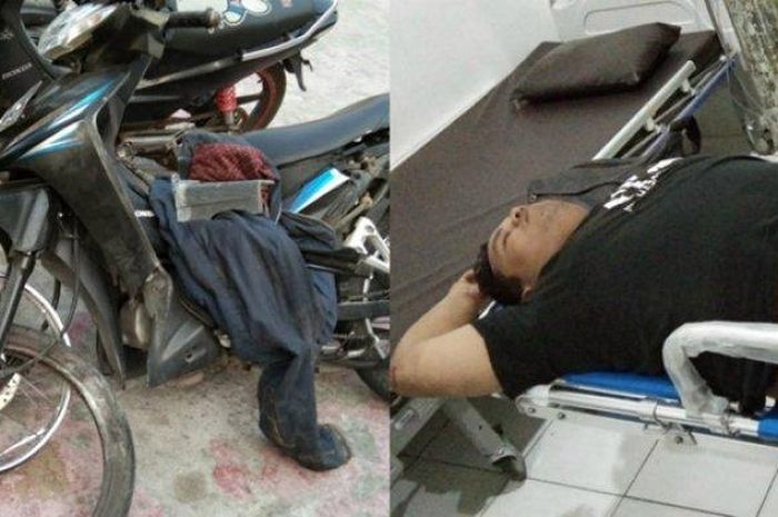 Kondisi korban dan Honda Revo milik korban yang ringsek di bagian velg pasca menabrak tembok.