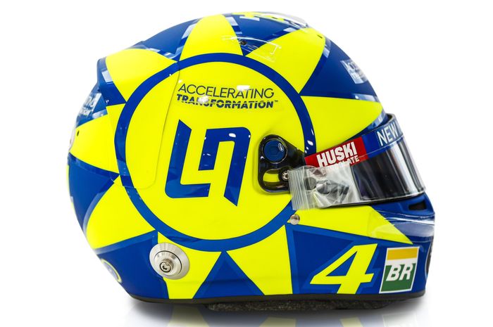 Helm Lando Norris memakai motif soleluna khas Valentino Rossi di F1 Italia