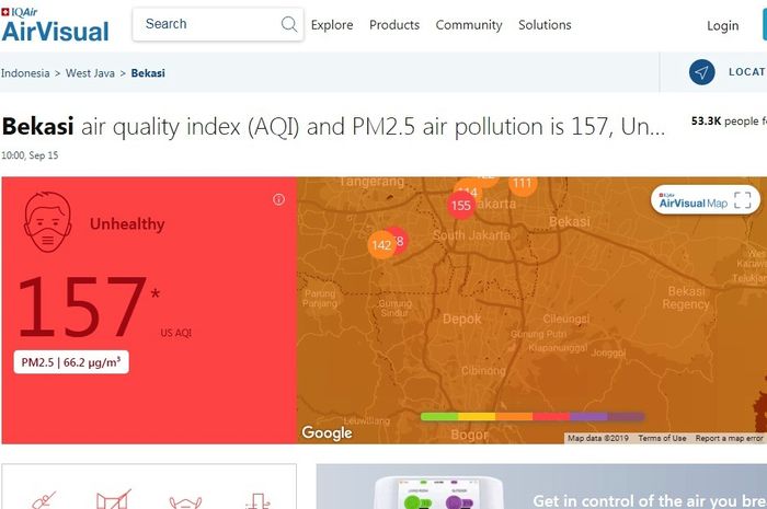 Tangkapan layar yang menunjukan kualitas udara di Kota Bekasi menurut situs Airvisual.com, Minggu (15/9/2019)