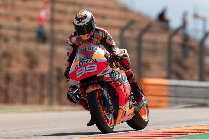 Aksi Pembalap Repsol Honda, Jorge Lorenzo pada sesi kualifikasi MotoGP Aragon 2019, Sabtu (22/9/2019)