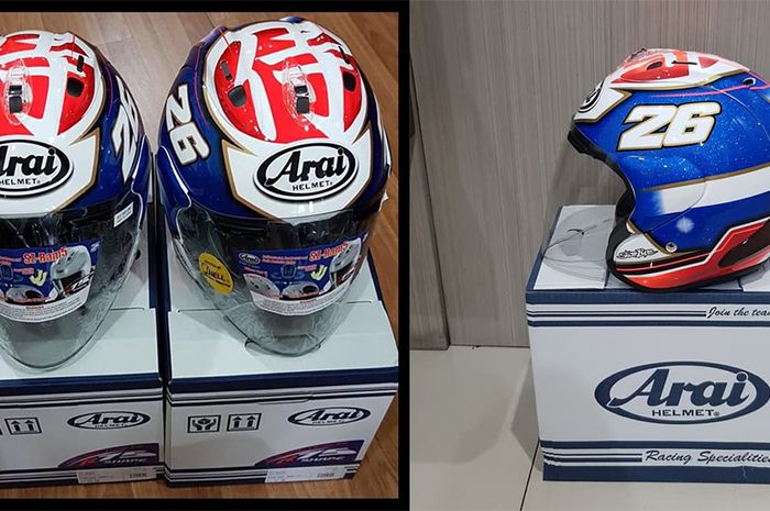 Helm Arai SZ Ram 4 asli (kiri) replika (kanan)