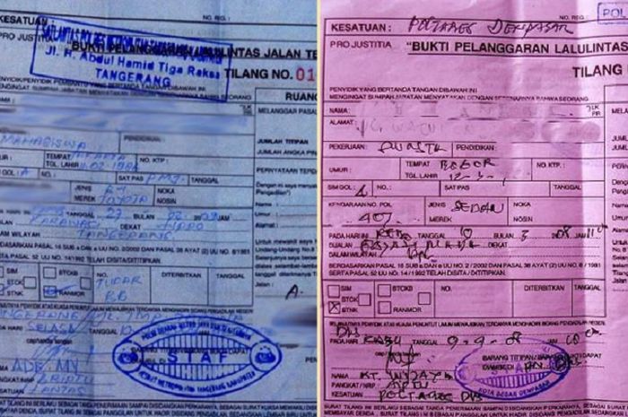 Ilustrasi slip tilang merah dan biru yang diberikan polisi kepada pelanggar lalu lintas.