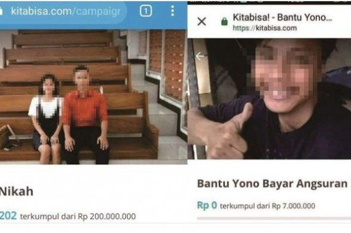 Penggalangan dana untuk biaya nikah dan cicilan motor di situs Kitabisa.com