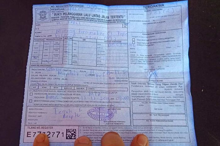 Surat tilang yang diterim Muhammad Fadly