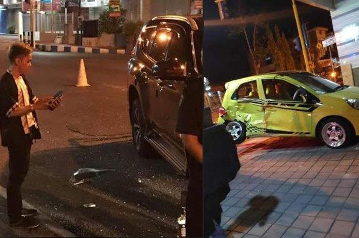 Cak Percil sempat keluar mobil melihat keadaan (kiri) dan kondisi mobil Honda Brio usai tabrakan (kanan), Rabu (22/12/2019) dini hari.