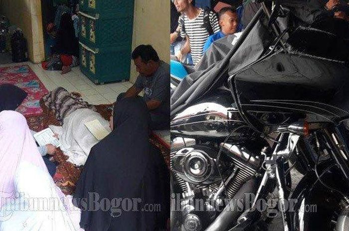 Foto kolas almarhum Siti Aisah saat  disemayamkan dan motor besar milik pelaku penabrakan.