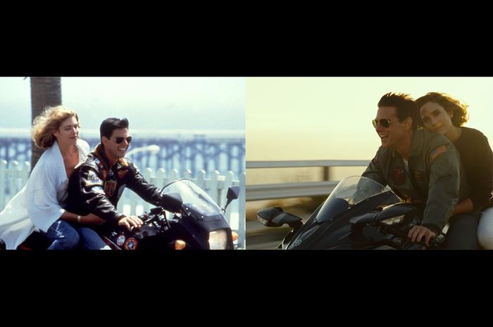 Tom Cruise dengan Kawasaki GPZ900R di Top Gun 1986 dan Ninja H2 di Top Gun 2020. Btw, kenapa Tom Cruise enggak keliatan tambah tua?