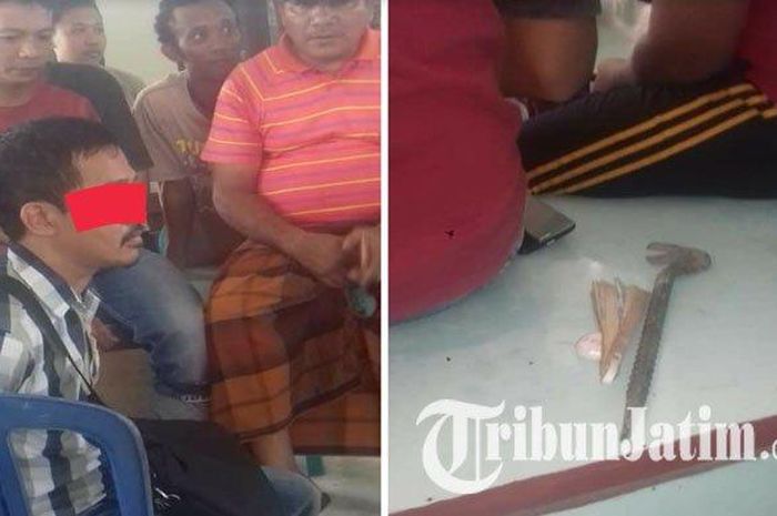 Tersangka Widodo dan barang bukti saat diamankan di Balai Desa Baturono Sukodadi, Jumat (10/1/2020) 