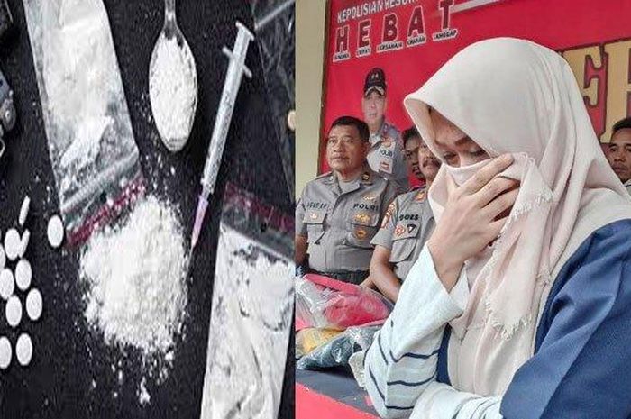 Tersangka kasus narkoba berinisial UF, warga asal Kecamatan Merakurak, Kabupaten Tuban, menutup muka dengan kerudung yang dikenakan saat di Mapolres Tuban, Rabu (26/2/2020) 