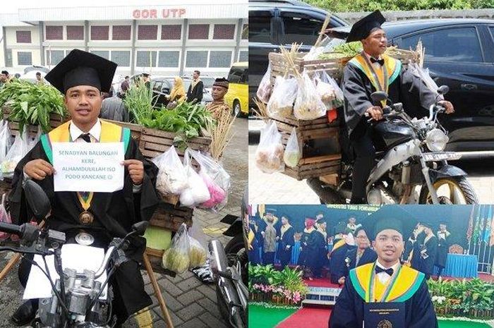 Amirudin mahasiswa Program Studi PKO FKIP UTP Surakarta yang merupakan penjual sayur keliling saat wisuda di GOR UTP Kampus III di Desa Plesungan, Kecamatan Gondangrejo, Karanganyar, Sabtu (29/2/2020). 