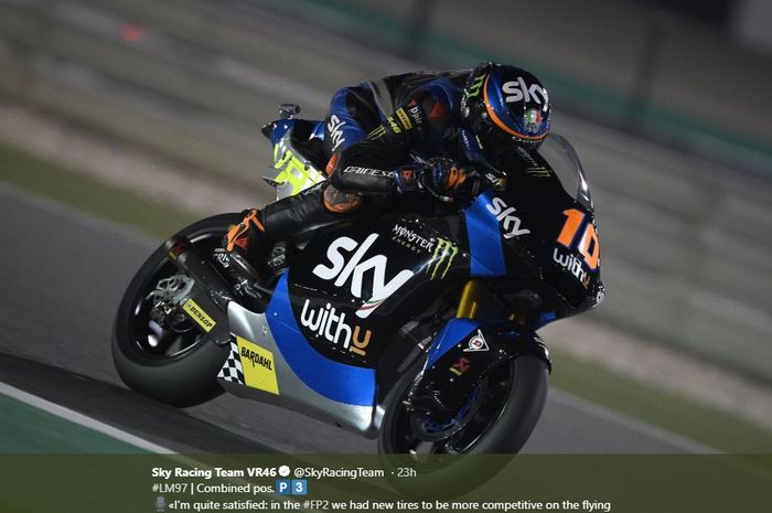 Pembalap SKY Racing Team VR46, Luca Marini, pada babak kualifikasi Moto2 Qatar 2020, Sabtu (7/3/2020)