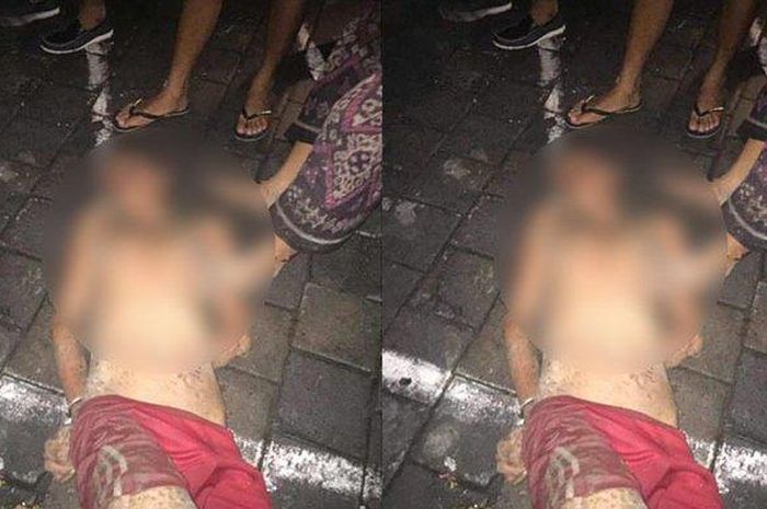 Pelaku begal di Denpasar saat diamankan warga dan tampak tak berdaya setelah menjadi bulan-bulanan warga, Senin (9/3/2020) malam.  