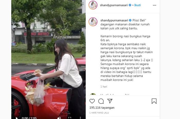 Tangkapan layar akun Instagram @shandypurnamasari bagi-bagi nasi bungkus naik Ferrari