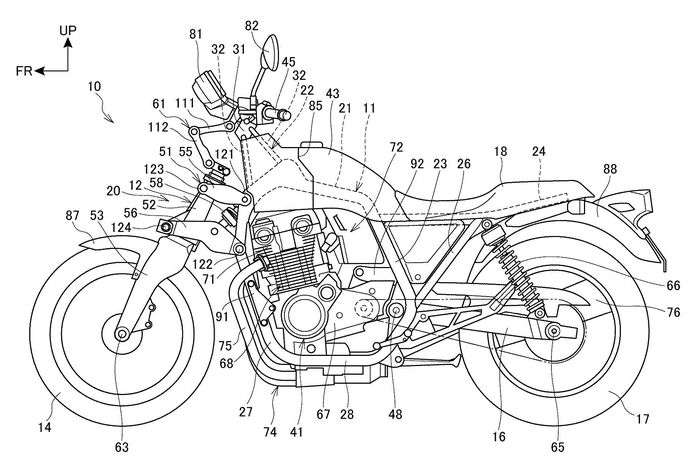 Gambar paten motor Honda dengan suspensi double wishbone