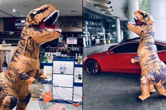 Viral video seseorang mengenkan kostum T-rex berbelanja di mall. Tak main-main, ternyata sosok tersebut mengendarai mobil Tesla, sehingga dijuluki 'T-rex Sultan'